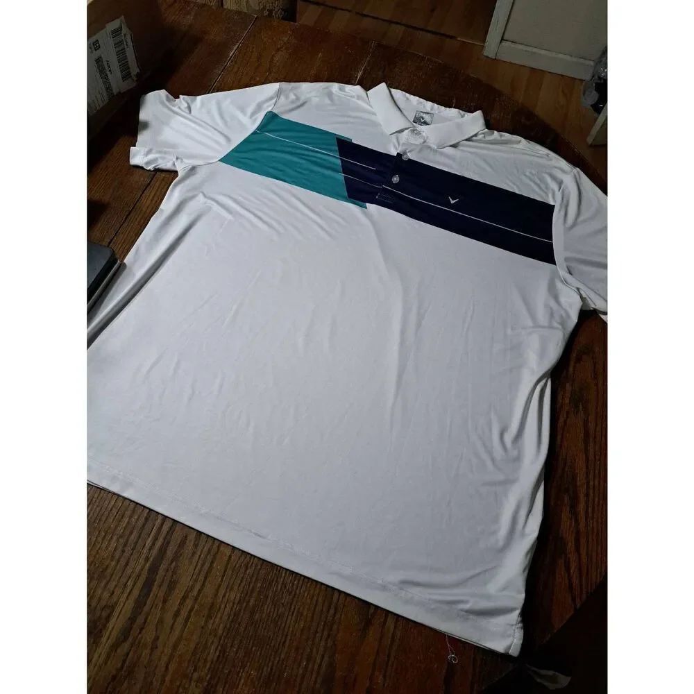 XXL Callaway Opti-Dry White Blue Stripe Short Sleeve 3 Button Golf Polo Shirt